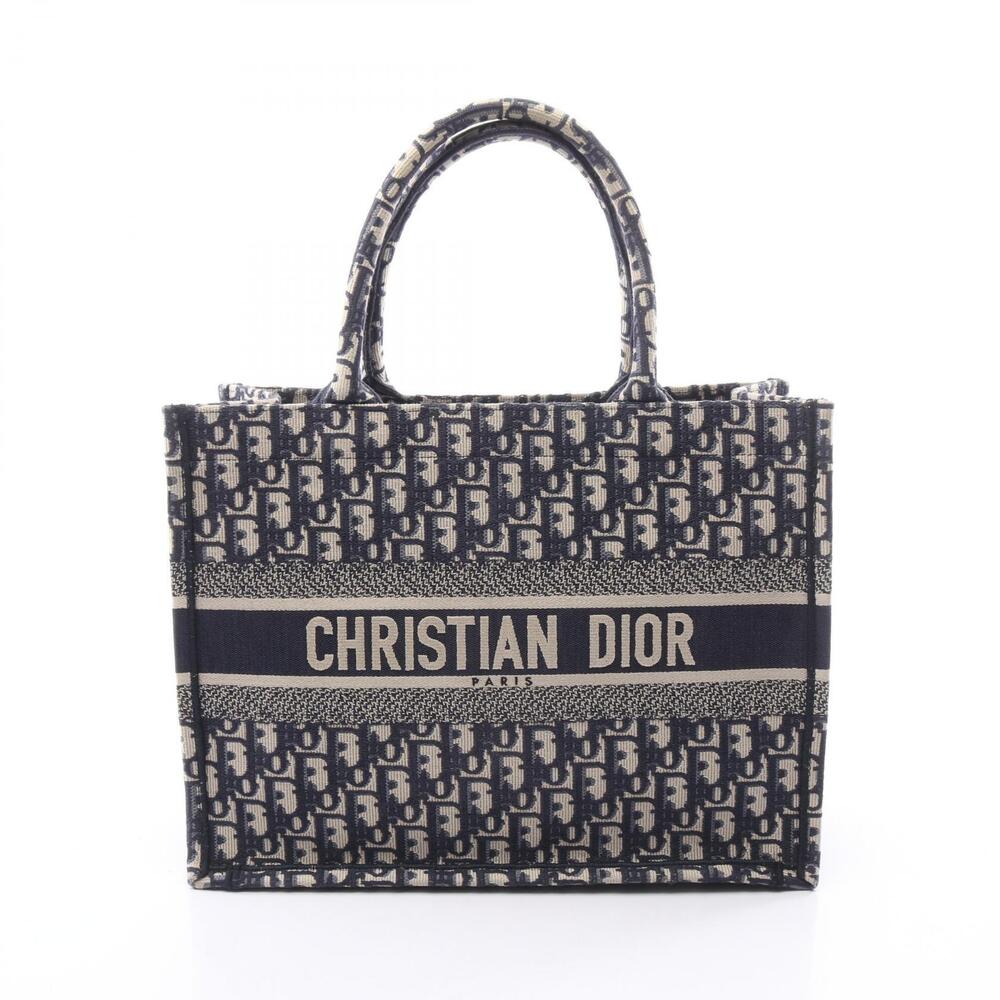 Christian Dior Book Tote Oblique Embroidery Bag Canvas Navy Blue Beige